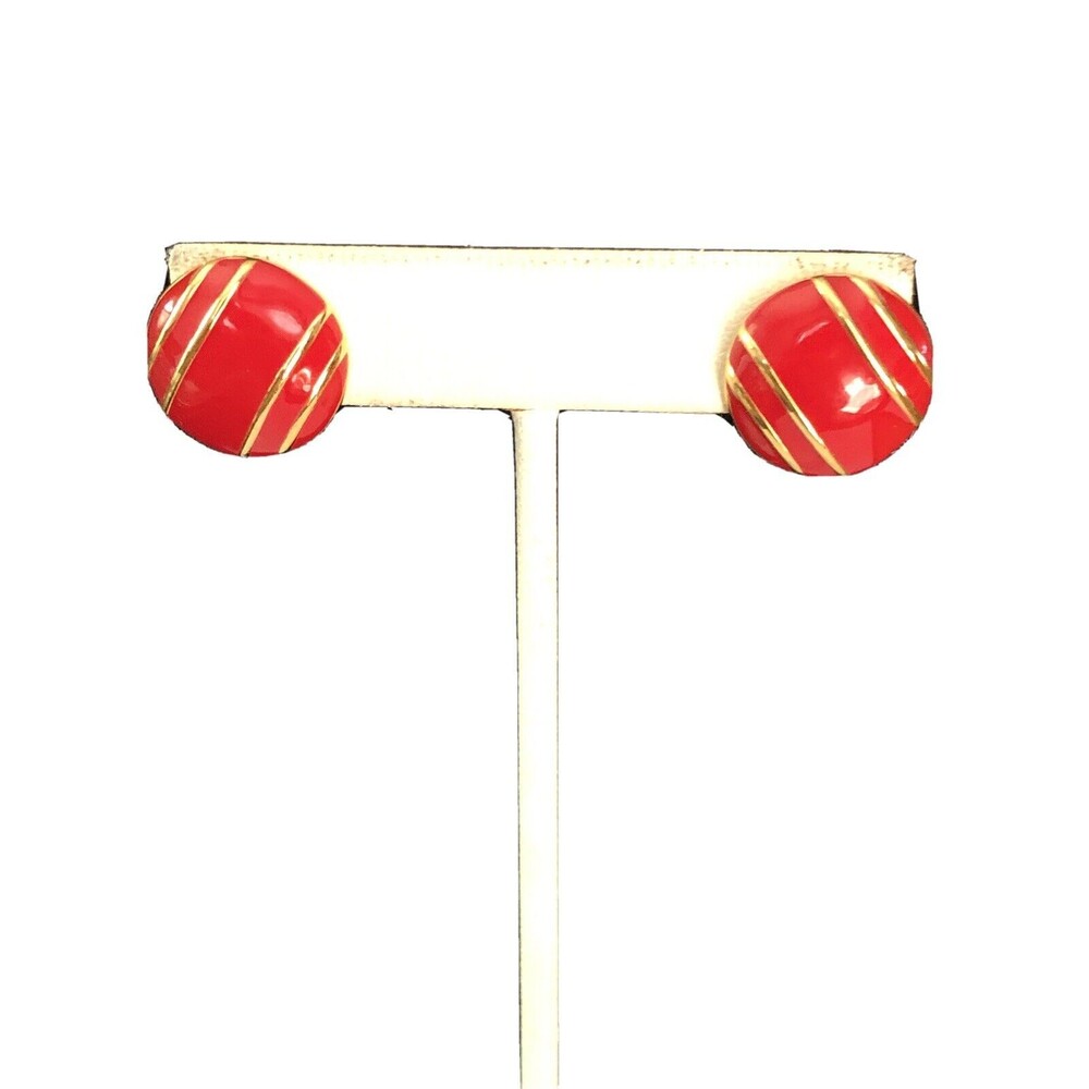 Monet Earrings Gold Tone Red Enamel Round Button Stud Earrings